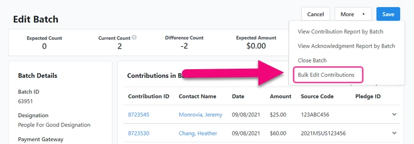 Bulk Edit highlighted in Financial Batch Manager