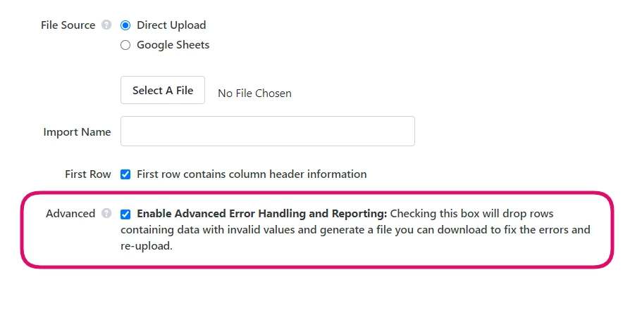 Example of checkbox for error handling highlighted