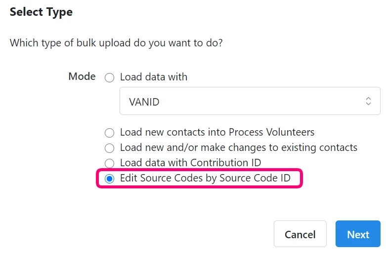 Bulk Upload wizard with Load by Source Code ID highlighted