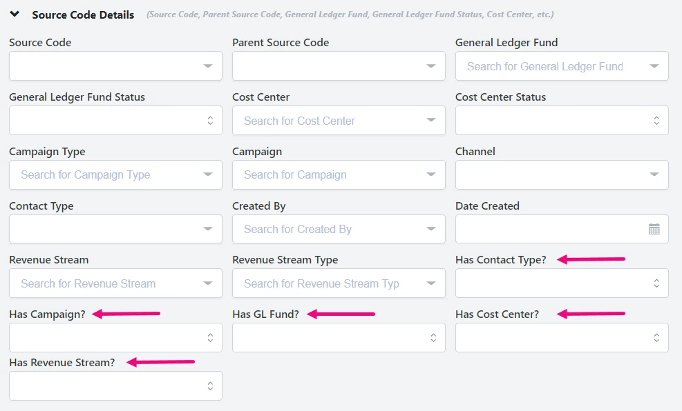 Source Code filters with Has xxxx? fields highlighted