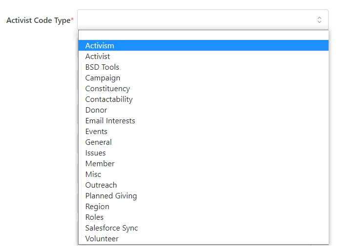 Dropdown menu with various types for activist codes