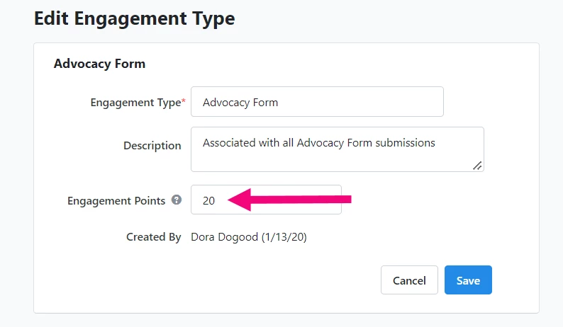 Adding points to the Advocacy Form entry