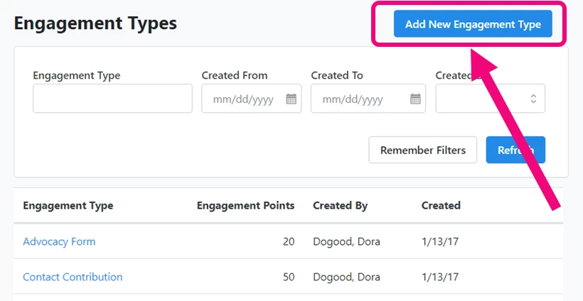 Add new engagement type is highlighted