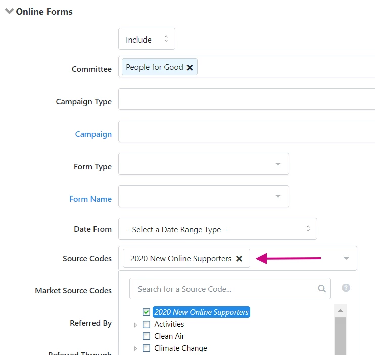 screenshot of source codes in Online Forms page section