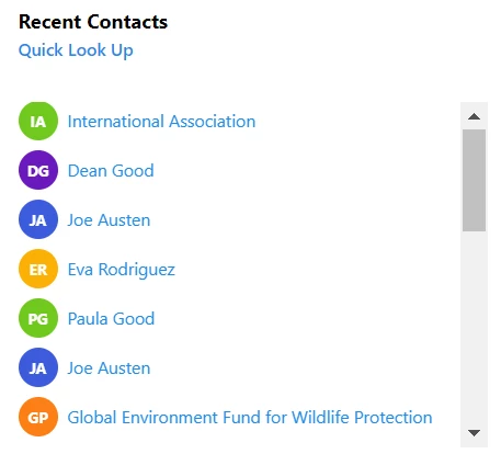 Example of recent contacts on card
