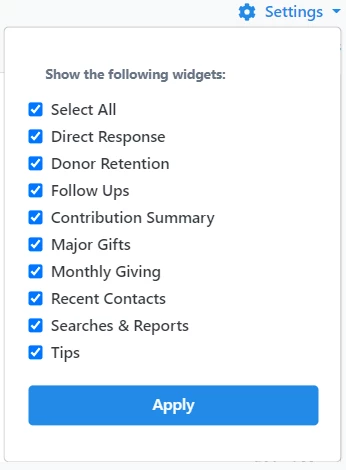 Example list of settings available for this particular user