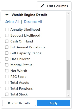 screenshot of list of columns available in the report