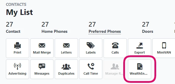 Wealth Engine icon highlighted in top ribbon of My List page