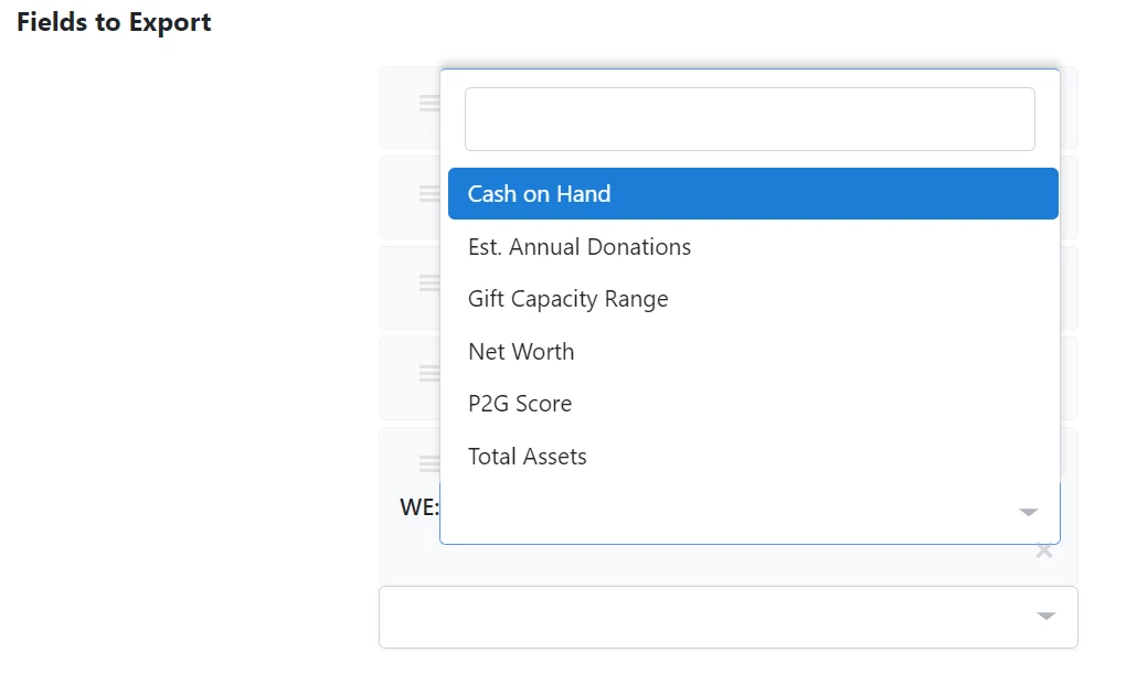 Export data fields in dropdown menu