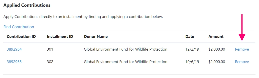 Contribution list in a pledge with remove highlighted