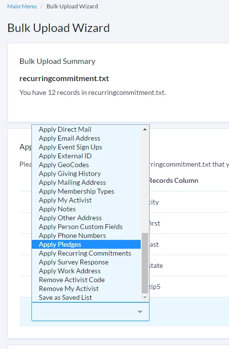 Apply Pledges using mapping dropdown in Bulk Upload
