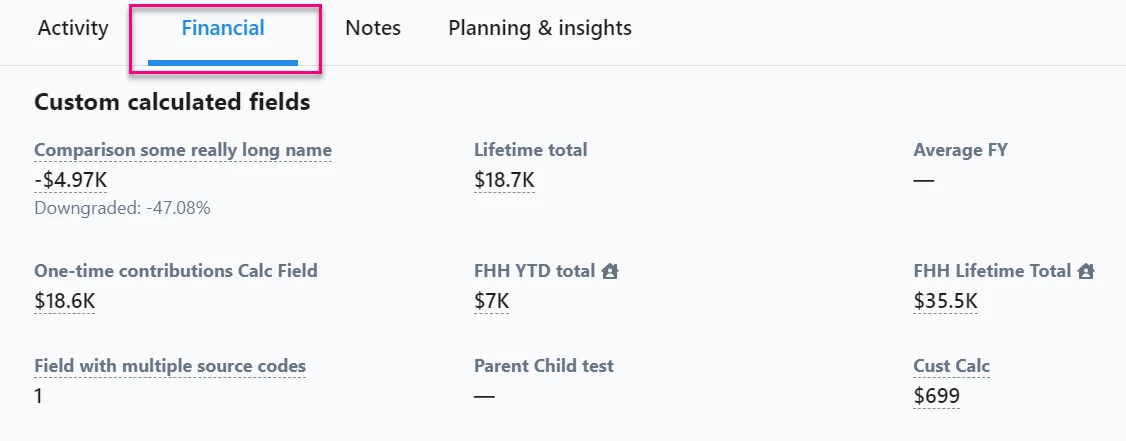 Financial Tab, Custom Calculated Fields