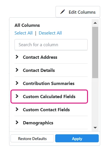Custom calculated fields highlighted in columns list
