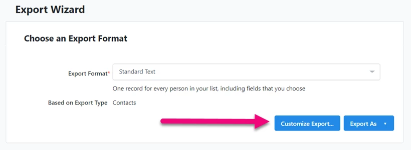 Standard Text Export selected and Customize Export button is highlighted