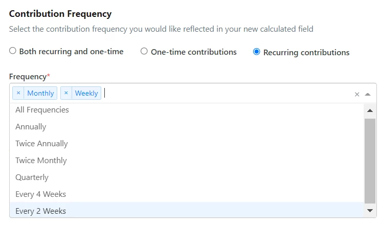 Frequency dropdown shows monthly and weekly selected as well as other available options