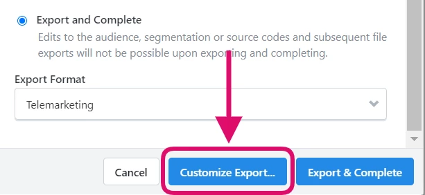 Customize Export button highlighted in an export of a Telemarketing plan