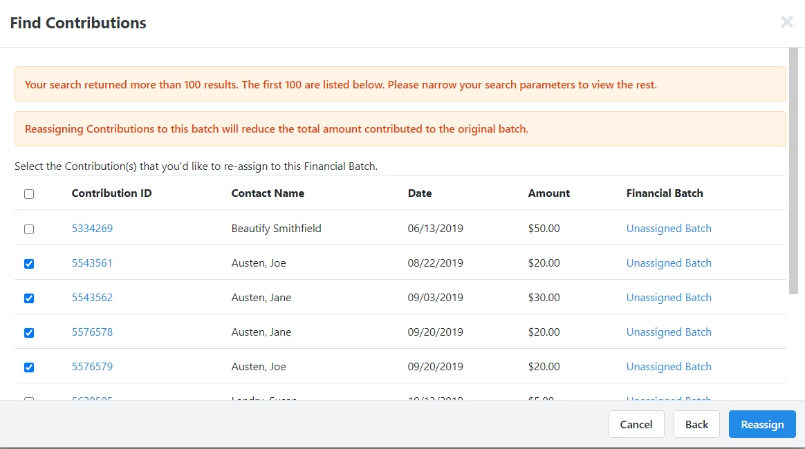 list of contributions with some selected to reassign