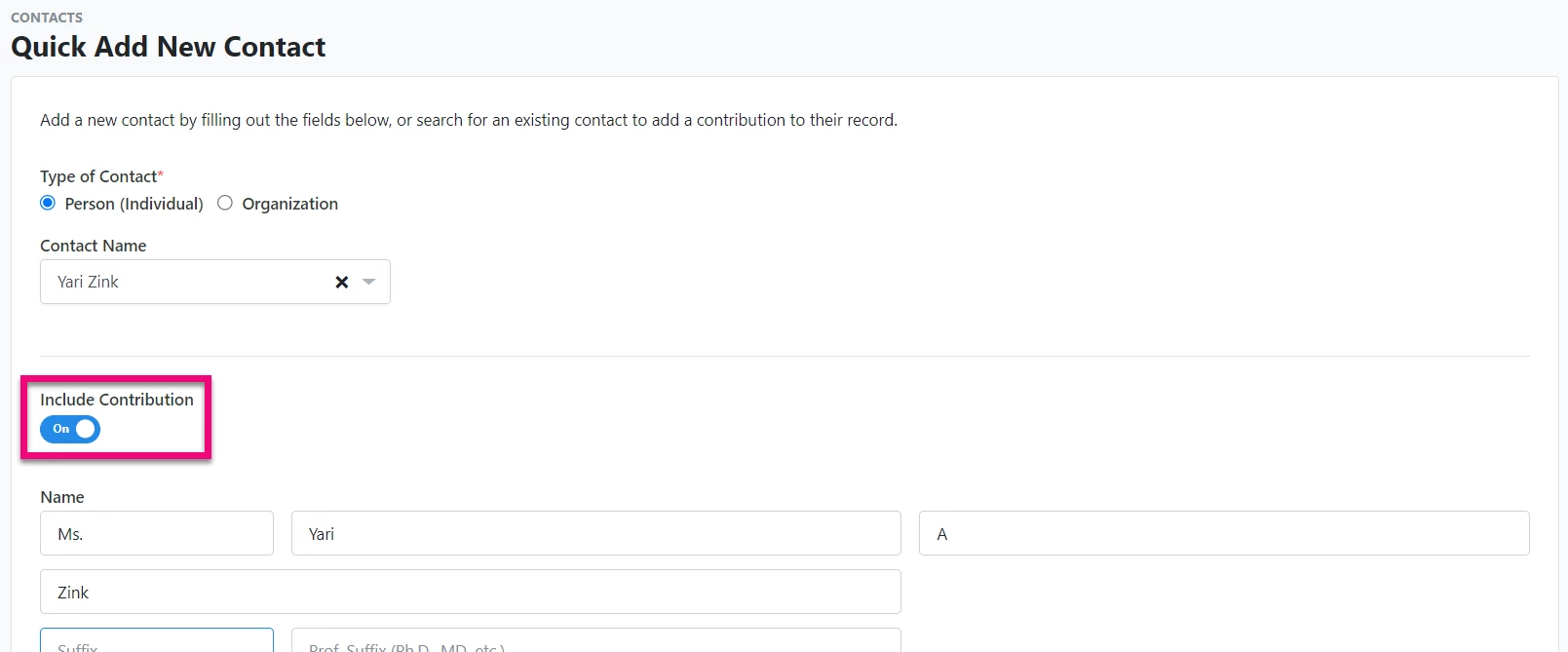 Quick Add New Contact form