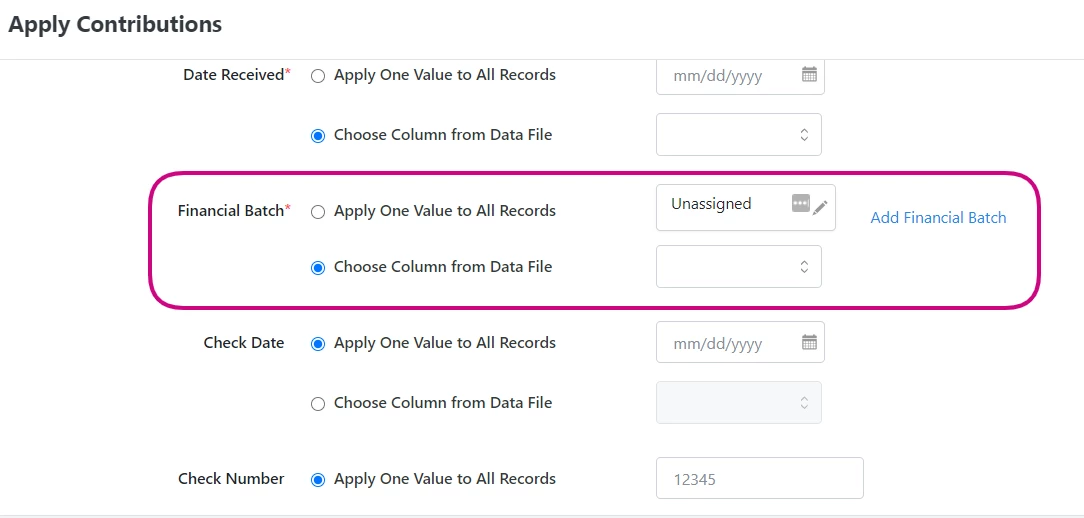 bulk upload screen with financial batches highlighted