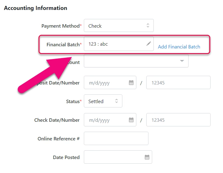 accounting section of contribution record showing financial batch highlighted
