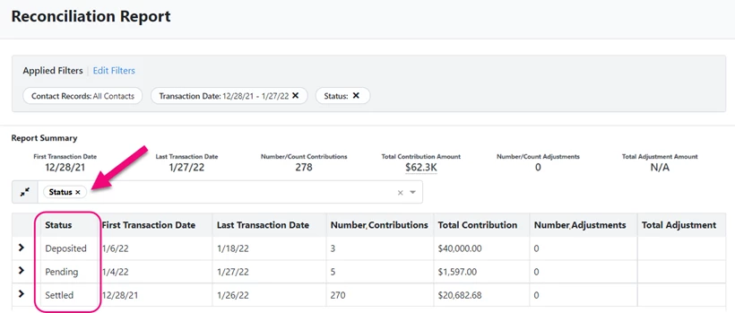Deposited Pending and Settled statuses are highlighted