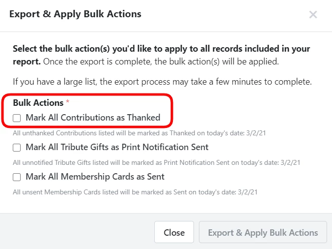 option to bulk mark contributions as thanked