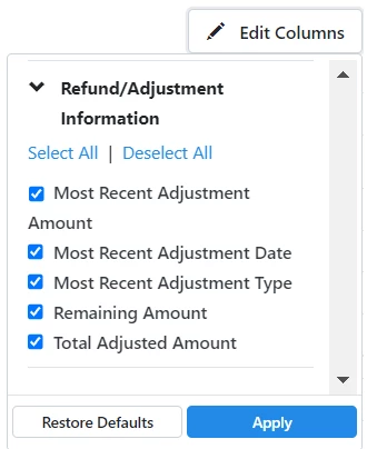 List of columns available in the Edit Columns dropdown