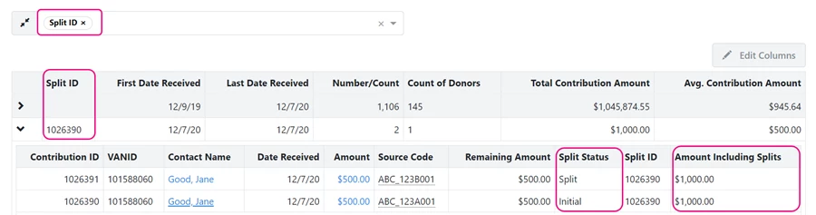 Example of a contribution report showing split gifts