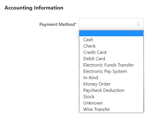 Dropdown menu for Payment Method showing many payment types