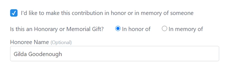 Example of asking if a donor wants to make a tribute gift on the form