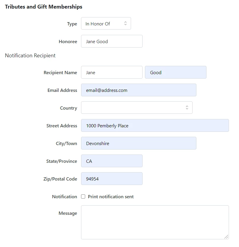 Example of entered name in tribute section