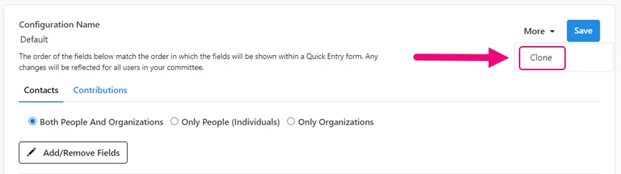 More > Clone highlighted on the Configuration page