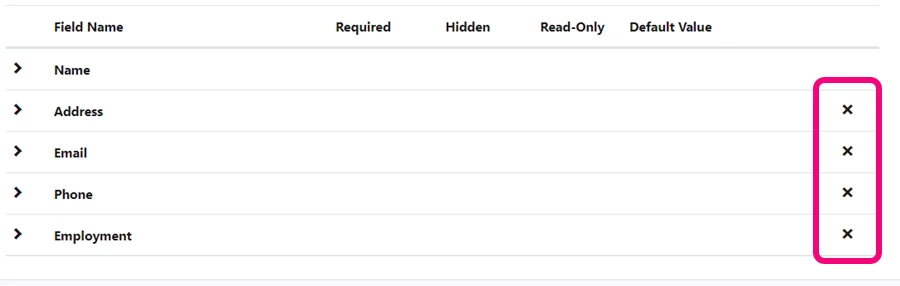 List of fields with X's highlighted