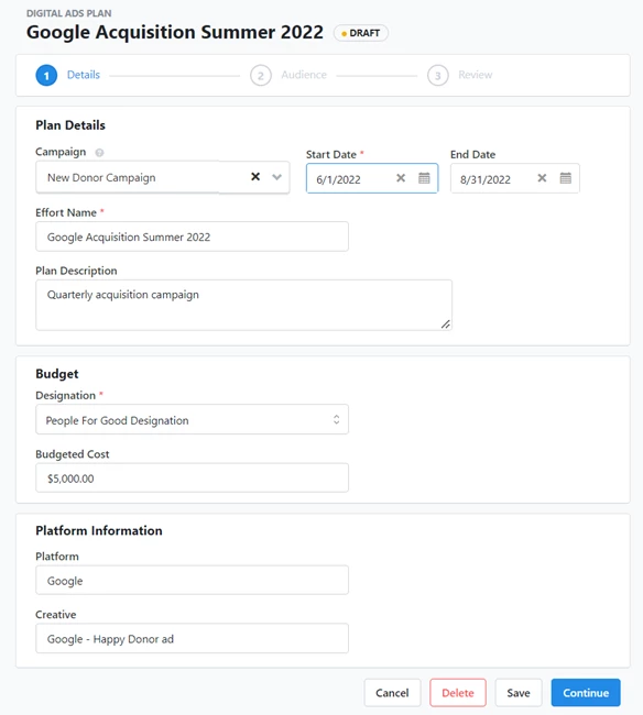 Details step of the digital ad plan