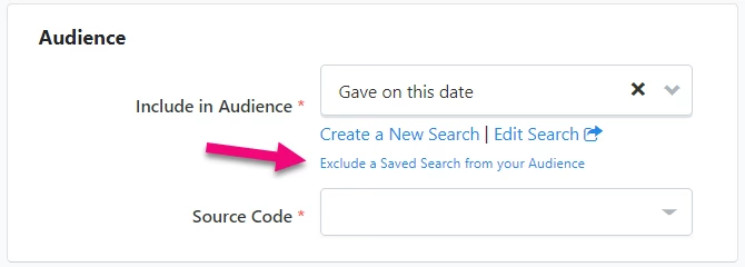 Exclude a Saved Search from your Audience link is highlighted under Audience dropdown
