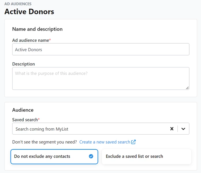 Details for the ad search such as name and description