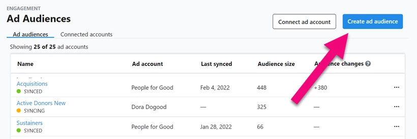 Create ad audience is highlighted