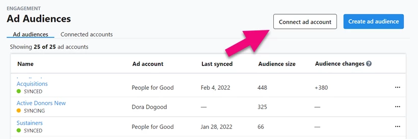 Connect account is highlighted in Ad Audiences page