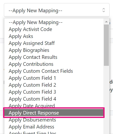 Detail of Apply New Mapping drawer with Apply Direct Response highlighted