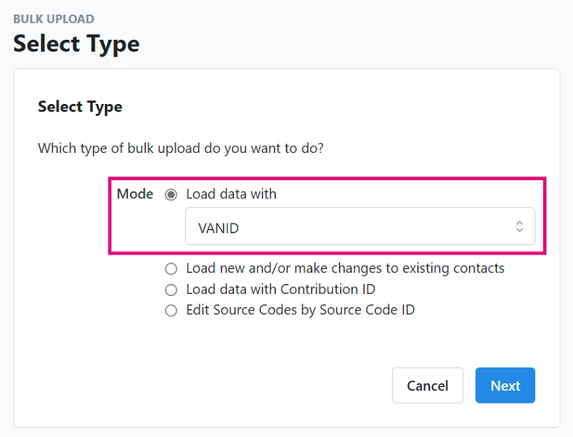 Detail Bulk Upload, Select Type - VAN ID