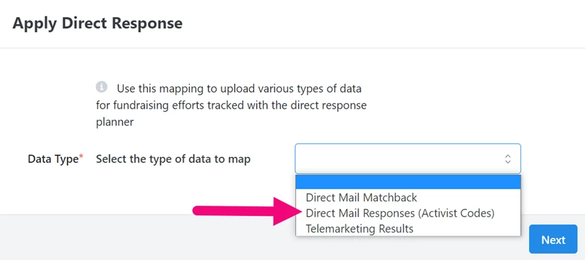 Highlights the Direct mail response (activist codes) option in data type