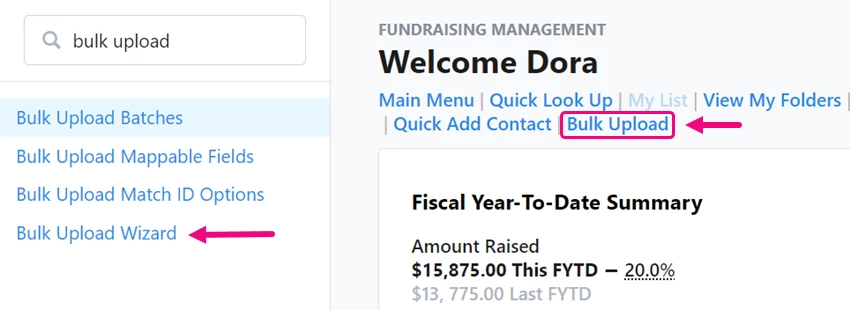 Highlights the links in search bar and fundraising page to open bulk upload wizard