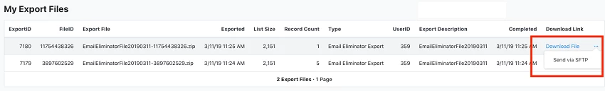 My Export Files list with FTP option selected
