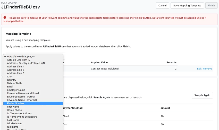 Mapping screen in Bulk Upload