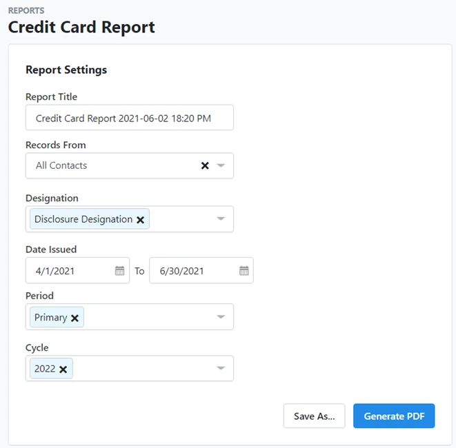 example of a credit card report