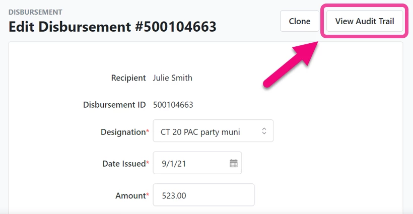 Audit trail link highlighted in upper right of disbursement details page
