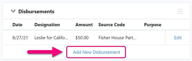 Showing link in the Disbursements section