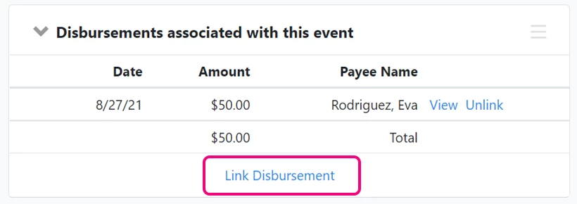 Disbursements section on the Event Details page