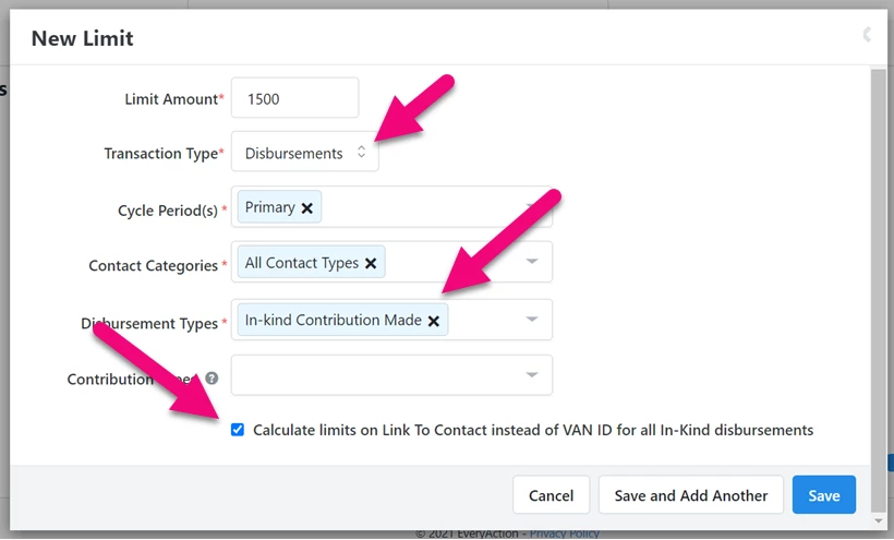 on screen to set up a new limit, the in-kind option has a checkbox for Link to Contact