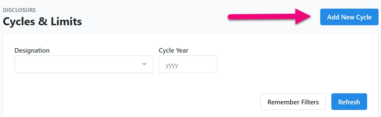 Add New Cycle button highlighted on the Cycle list page